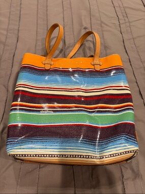 Striped Multi-Color Tote Bag with Tan Handles